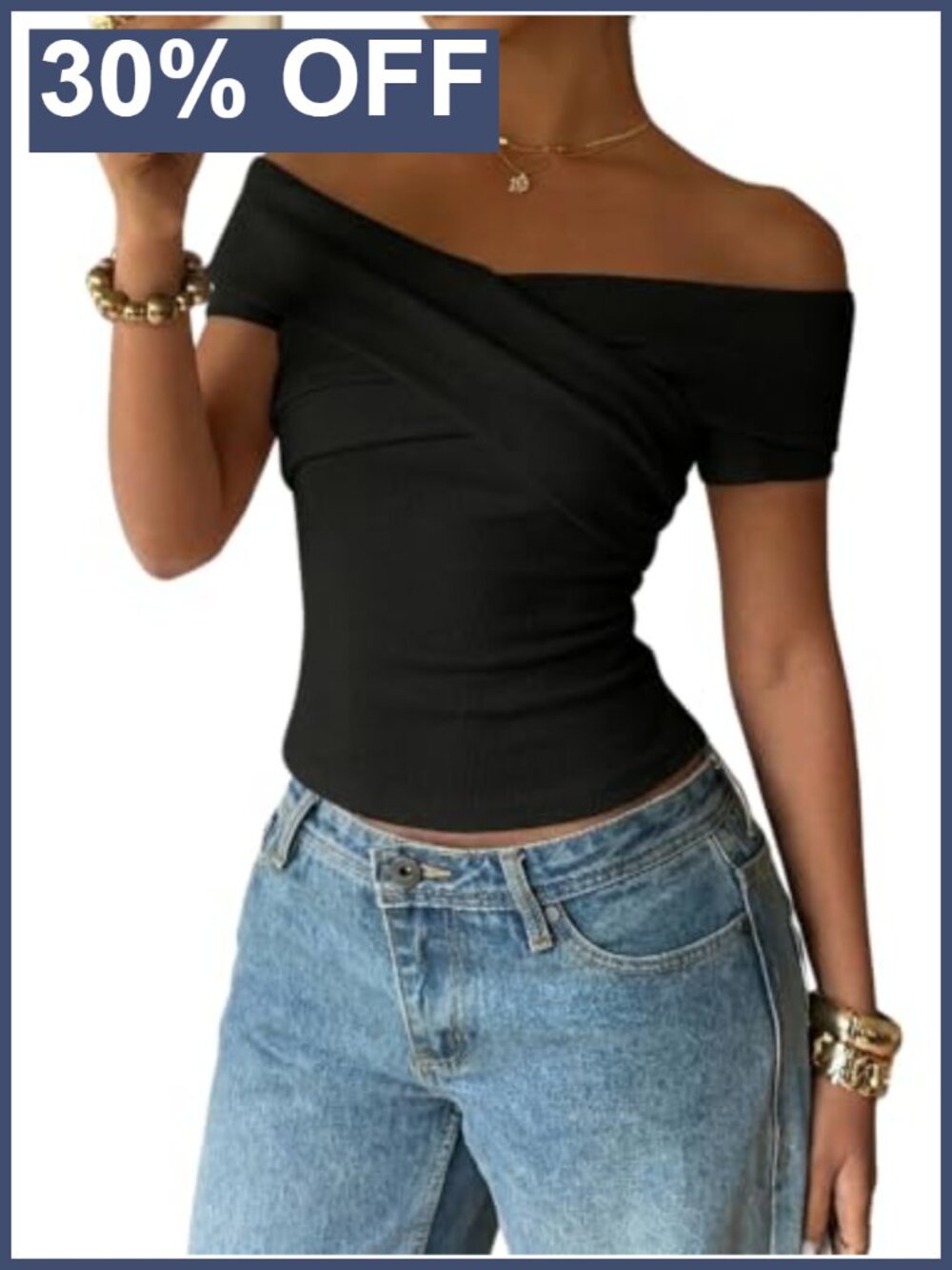 Off Shoulder Crisscross Wrap Top Fitted Short Sleeve Going Out Blouse